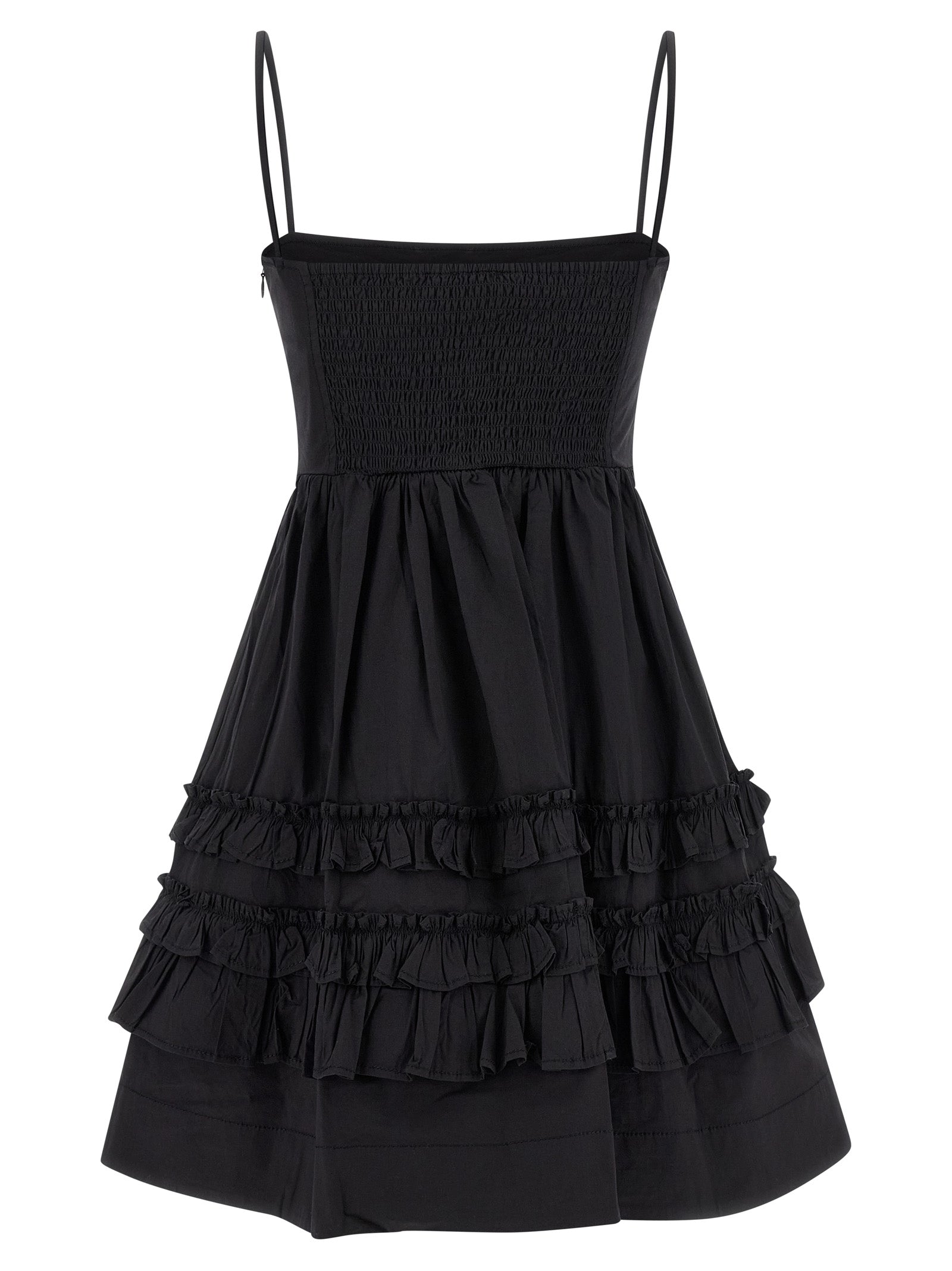 Dress by Ganni for women in stretch organic cotton black features a dramatic silhouette, showcasing an elegant square neckline and that flows into a dramatic short mini.