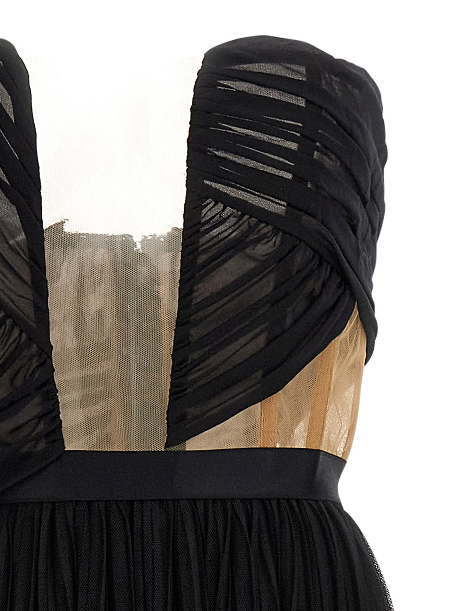 Dress by Nensi Dojaka for women in stretch polyamide viscose black & transparent features a dramatic silhouette, showcasing an elegant split neckline and that flows into a dramatic long.