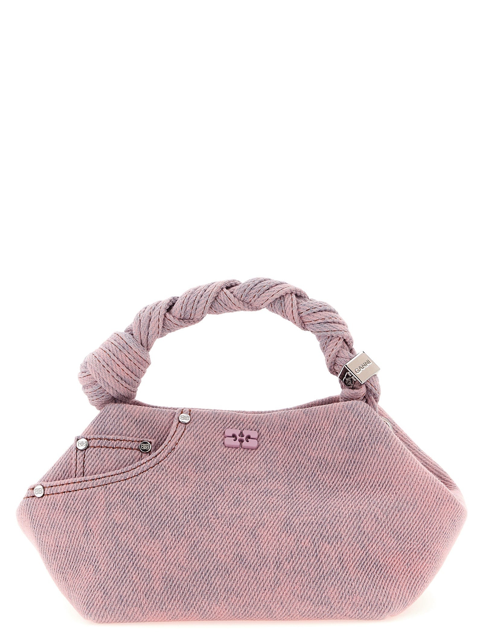 Small Handbag by Ganni for women in stretch organic cotton denim & polyester multicolor, pink & signature features a signature silhouette, showcasing a secure and signature with versatile shoulder-strap, adjustable-strap, detachable-strap & handle for a sophisticated look.