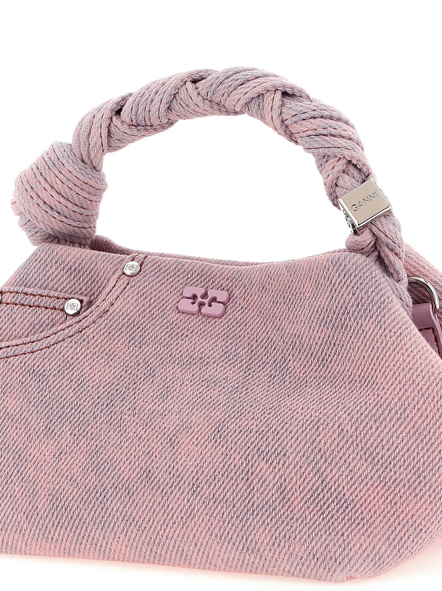 Small Handbag by Ganni for women in stretch organic cotton denim & polyester multicolor, pink & signature features a exquisite silhouette, showcasing a secure and exquisite with versatile shoulder-strap, adjustable-strap, detachable-strap & handle for a exquisite finish.