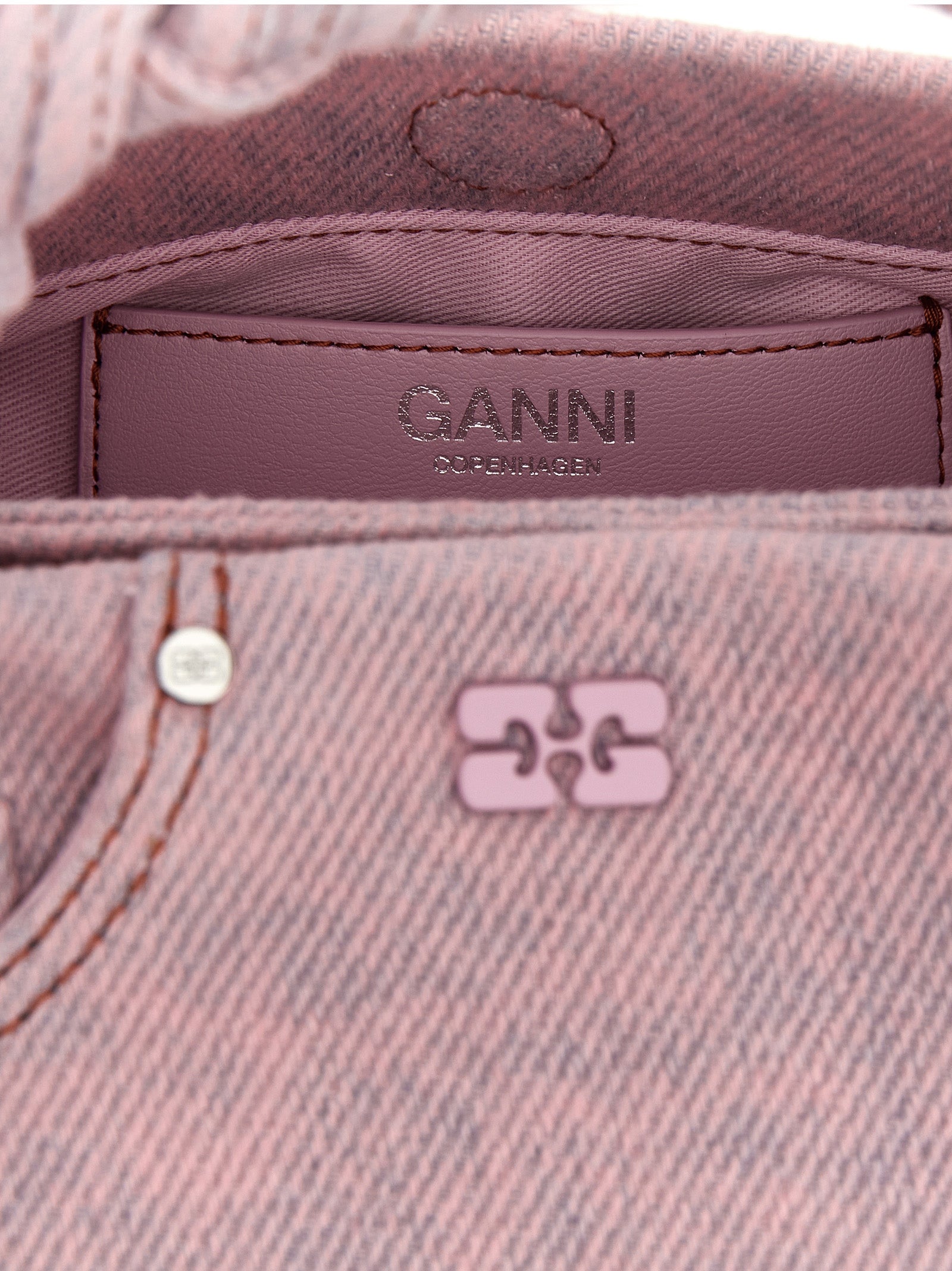 Small Handbag by Ganni for women in stretch organic cotton denim & polyester multicolor, pink & signature features a refined silhouette, showcasing a secure , organized , and versatile shoulder-strap, adjustable-strap, detachable-strap & handle for a refined finish.