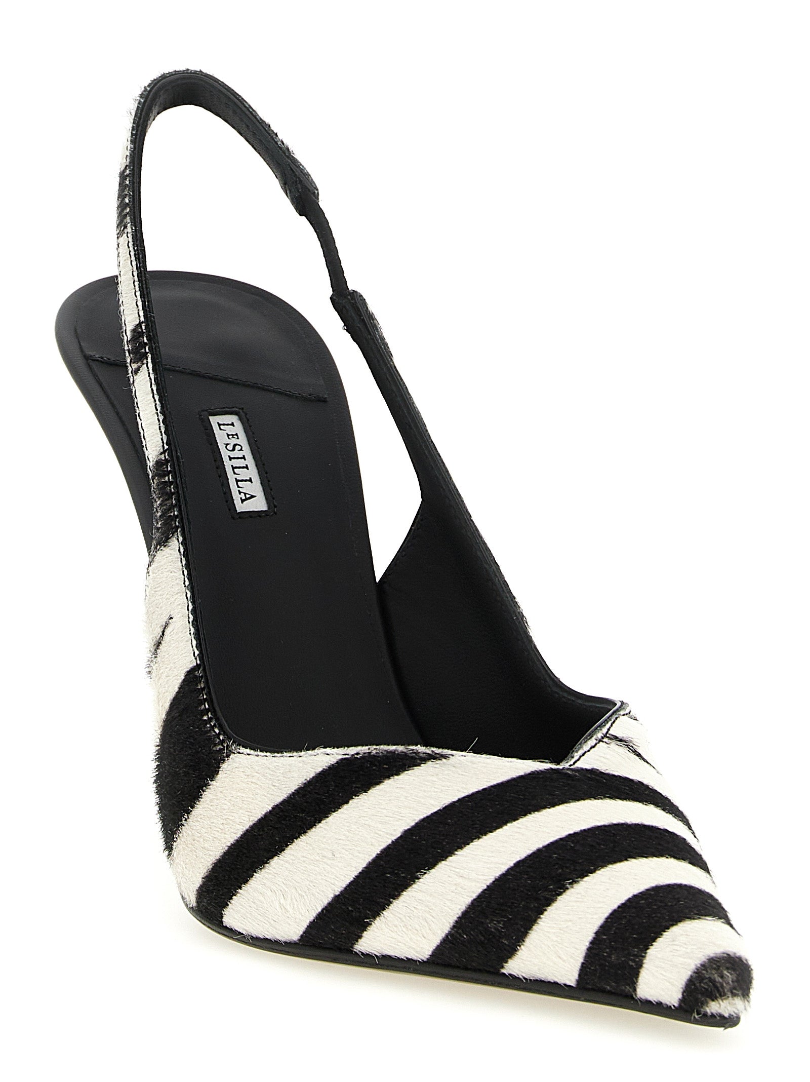 High-Heel Stiletto Slingback Pumps Heels by LE SILLA for women in calfskin leather bicolour, black, white, zebra & print features an captivating silhouette, showcasing the elegant Women's Calfskin Leather High-Heel Stiletto Slingback Pumps Heels design with a stiletto high-heel and a sophisticated pointed toe style.