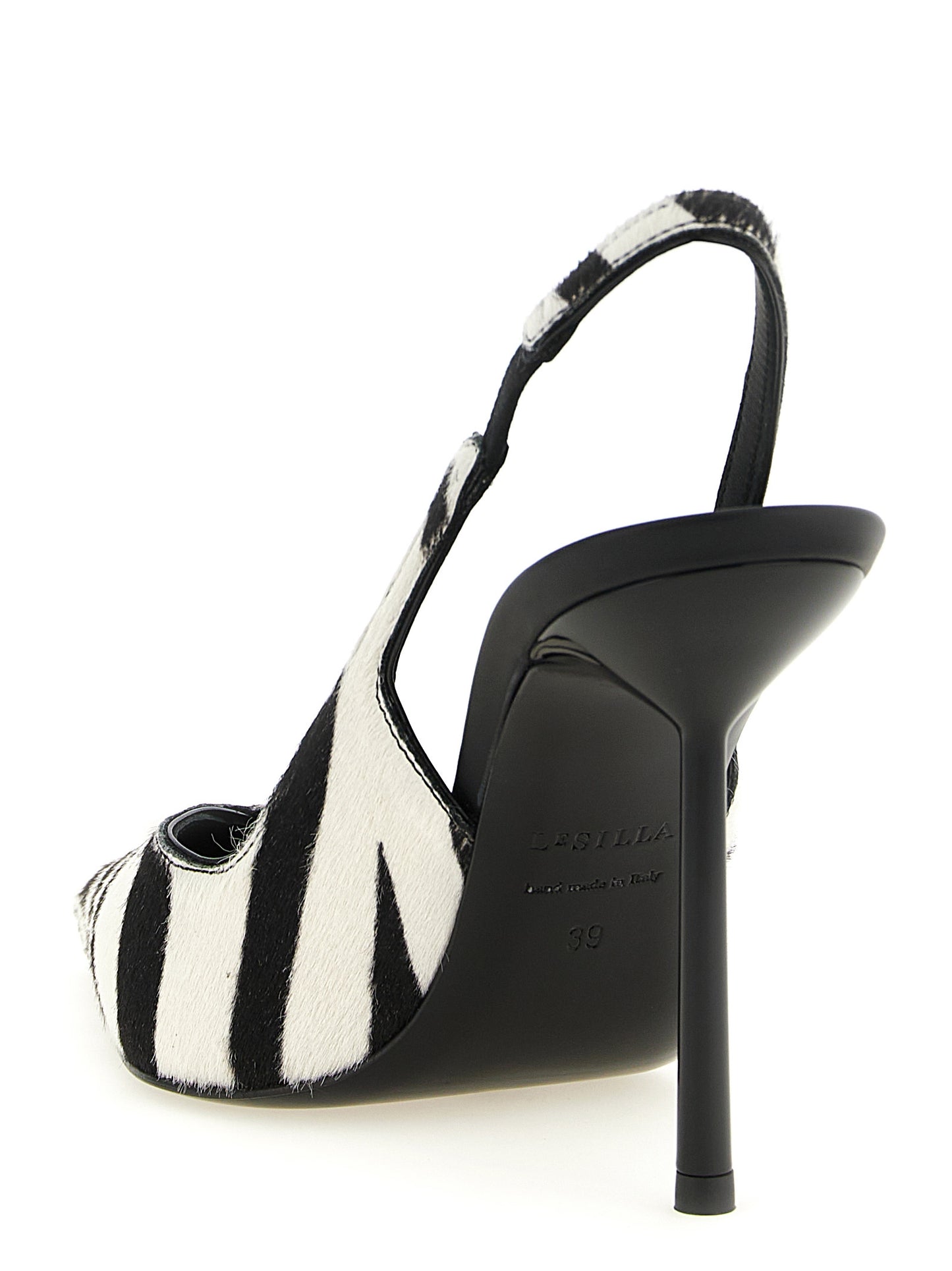 High-Heel Stiletto Slingback Pumps Heels by LE SILLA for women in calfskin leather and bicolour, black, white, zebra & print showcases a effortlessly elegant silhouette as Women's Calfskin Leather High-Heel Stiletto Slingback Pumps Heels, featuring a effortlessly elegant stiletto high-heel and a effortlessly elegant pointed toe style for an elegant look.