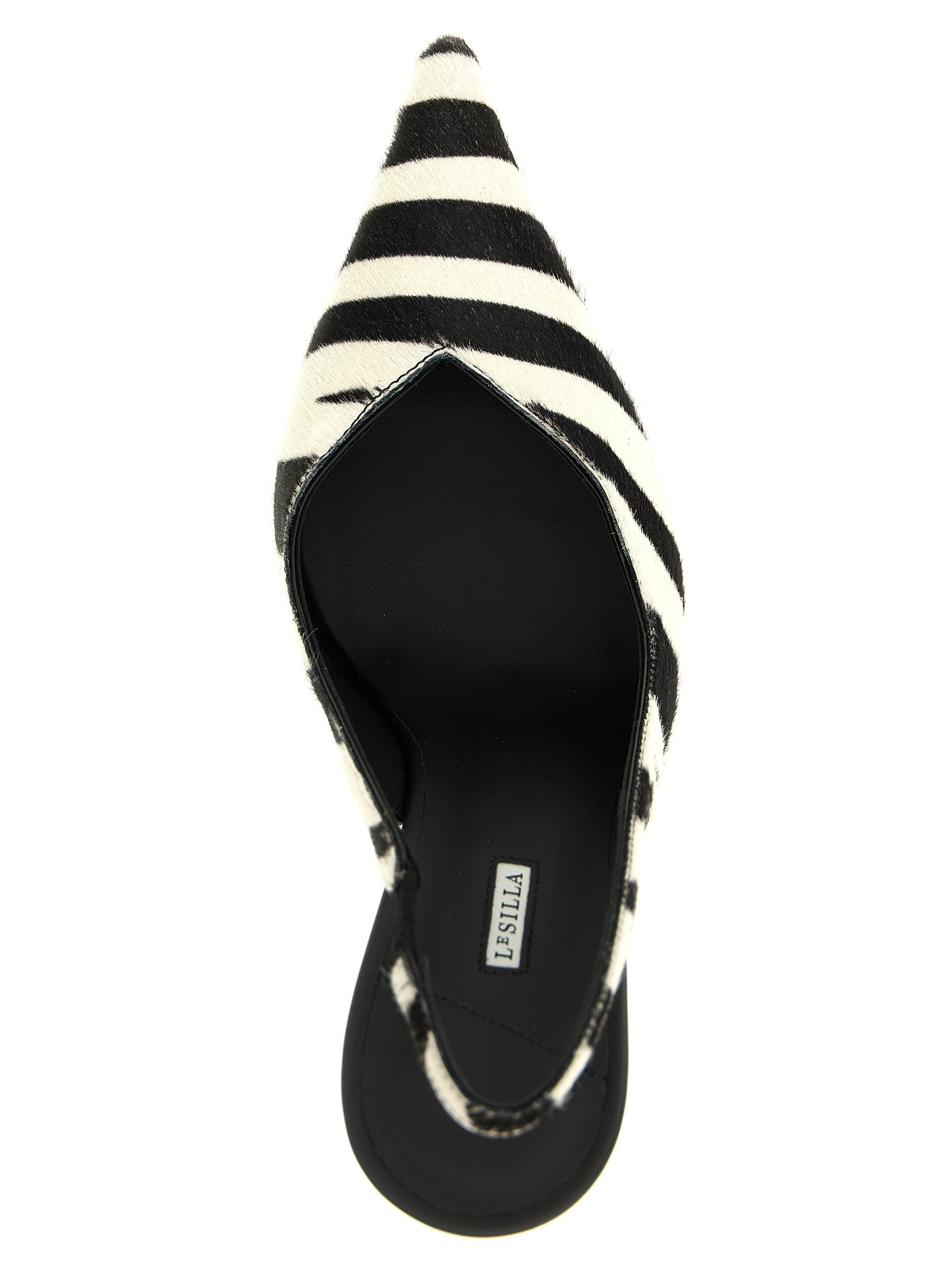 High-Heel Stiletto Slingback Pumps Heels by LE SILLA for women in calfskin leather bicolour, black, white, zebra & print features an effortlessly chic silhouette from the Women's Calfskin Leather High-Heel Stiletto Slingback Pumps Heels collection, showcasing a stiletto high-heel and effortlessly chic pointed toe style for a effortlessly chic look.