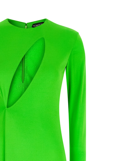 Dress by Tom Ford for women in viscose bicolour & green features a dramatic silhouette, showcasing an elegant crew neckline and that flows into a dramatic long.