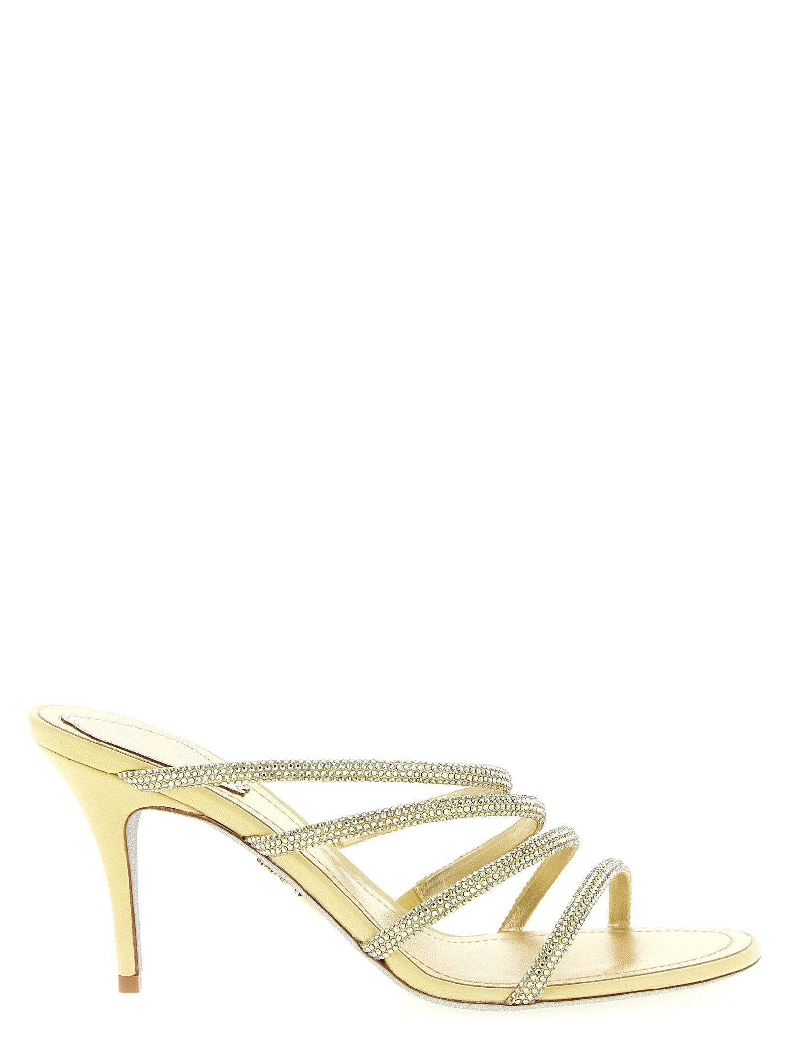 Stiletto Sandals by RENE CAOVILLA for women in viscose silk & leather gold features an statuesque Women's Viscose Silk & Leather Stiletto Sandals silhouette with a refined stiletto and elegant .