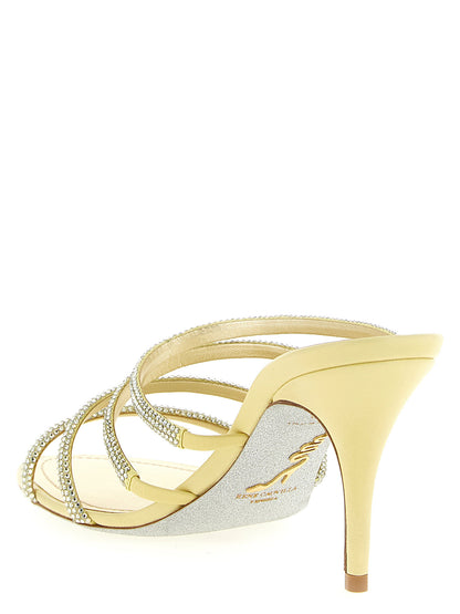 Stiletto Sandals by RENE CAOVILLA for women in viscose silk & leather gold presents a sculptural silhouette, showcasing the Women's Viscose Silk & Leather Stiletto Sandals design with a sculptural stiletto and for a premium look.