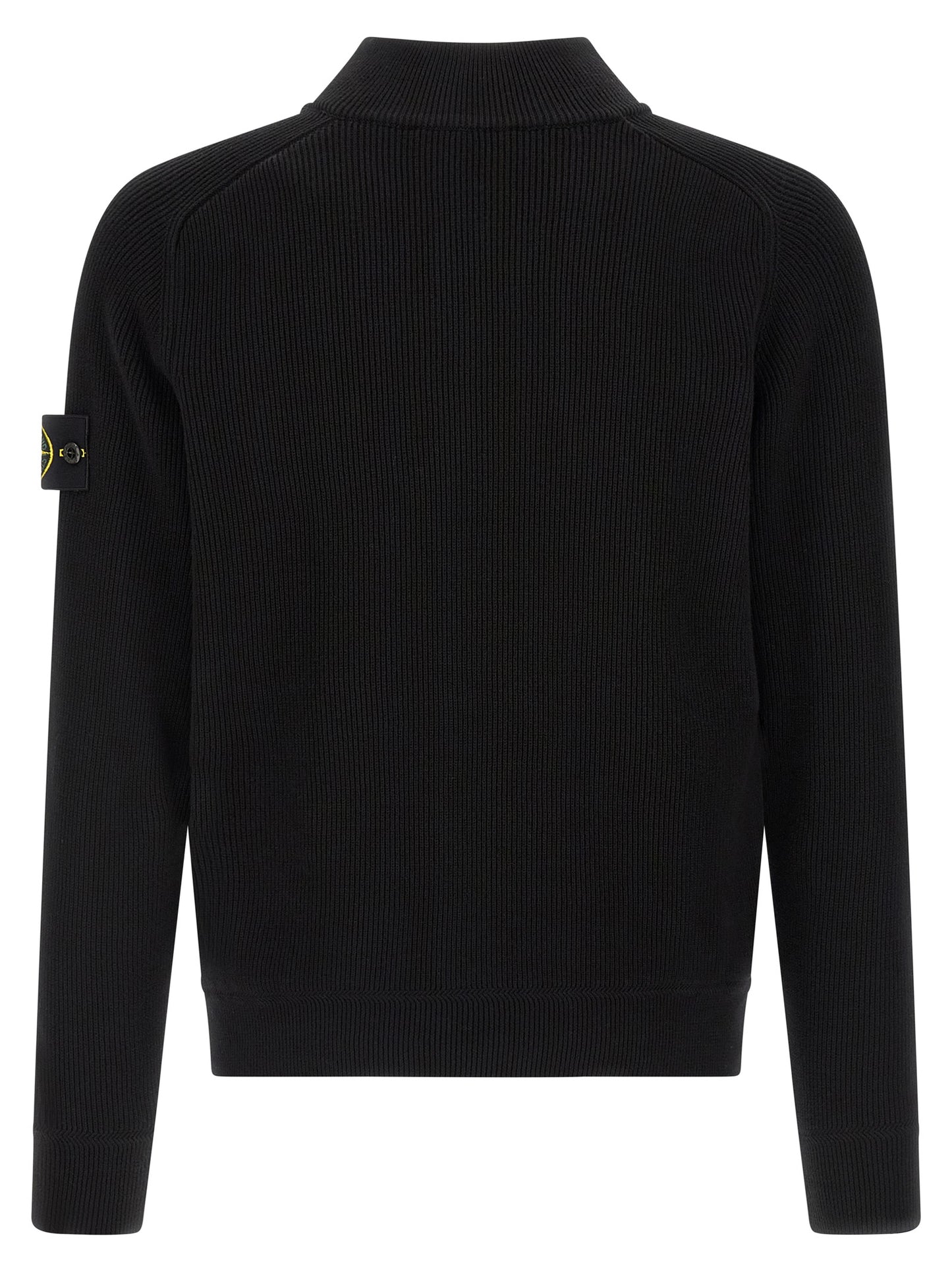 Cardigan by Stone Island for men in organic cotton black showcases a luxurious silhouette, meticulously detailed with a sophisticated high-neck neckline and for a refined finish.