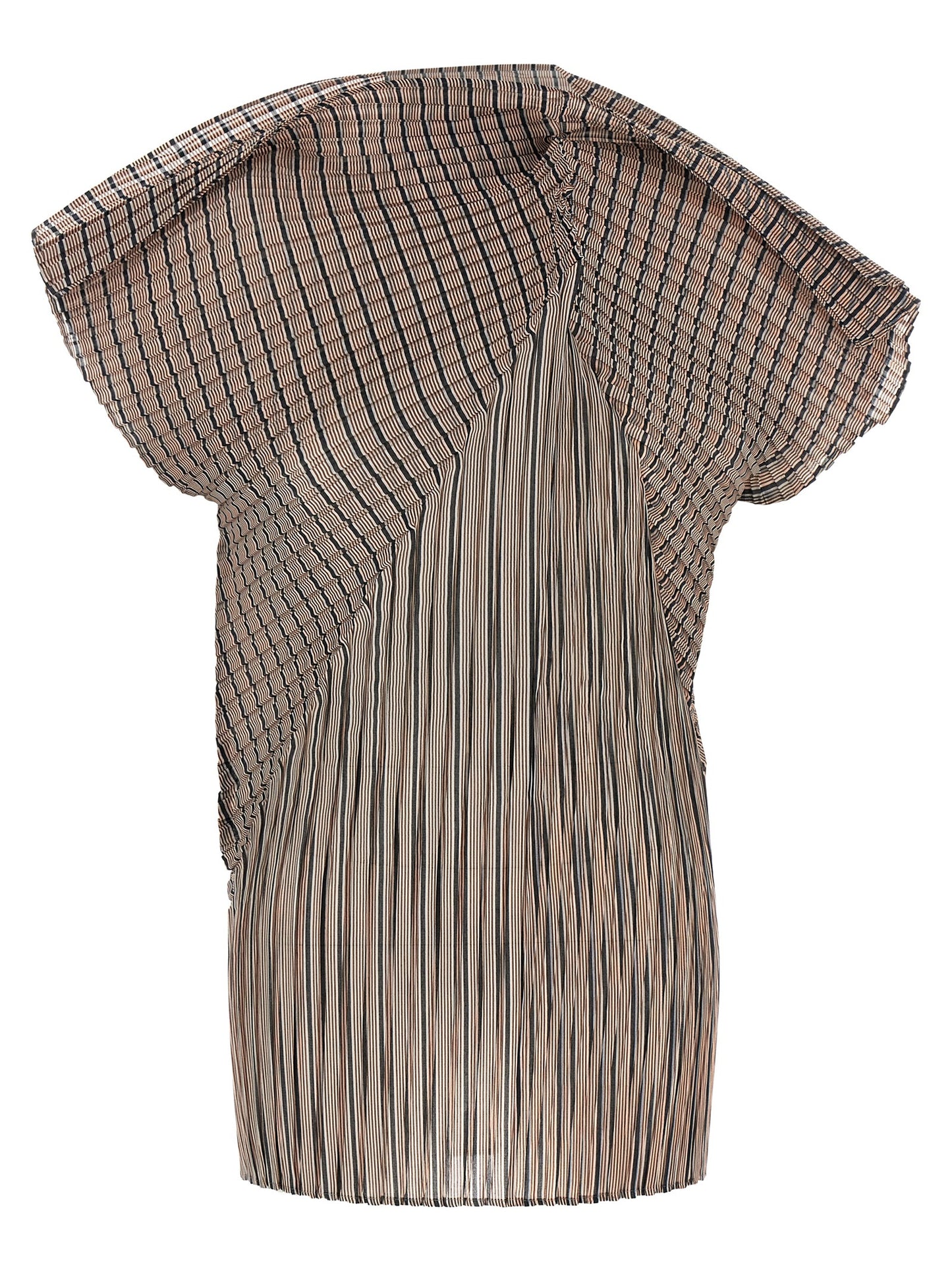 Blouse by Issey Miyake for women in polyester brown, transparent, signature & striped showcases a sublime silhouette, artfully detailed with a sublime high-neck neckline and short-sleeve for a sophisticated, sublime finish.
