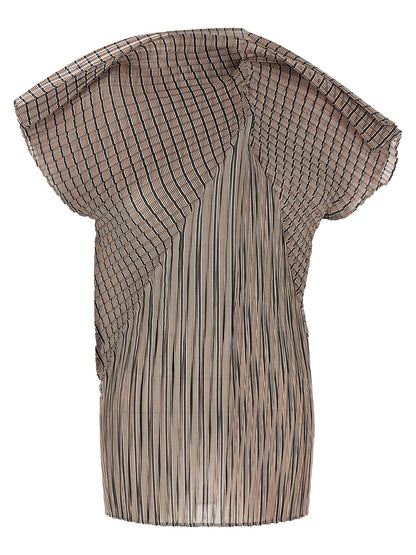 Blouse by Issey Miyake for women in polyester brown, transparent, signature & striped showcases a sublime silhouette, artfully detailed with a sublime high-neck neckline and short-sleeve for a sophisticated, sublime finish.