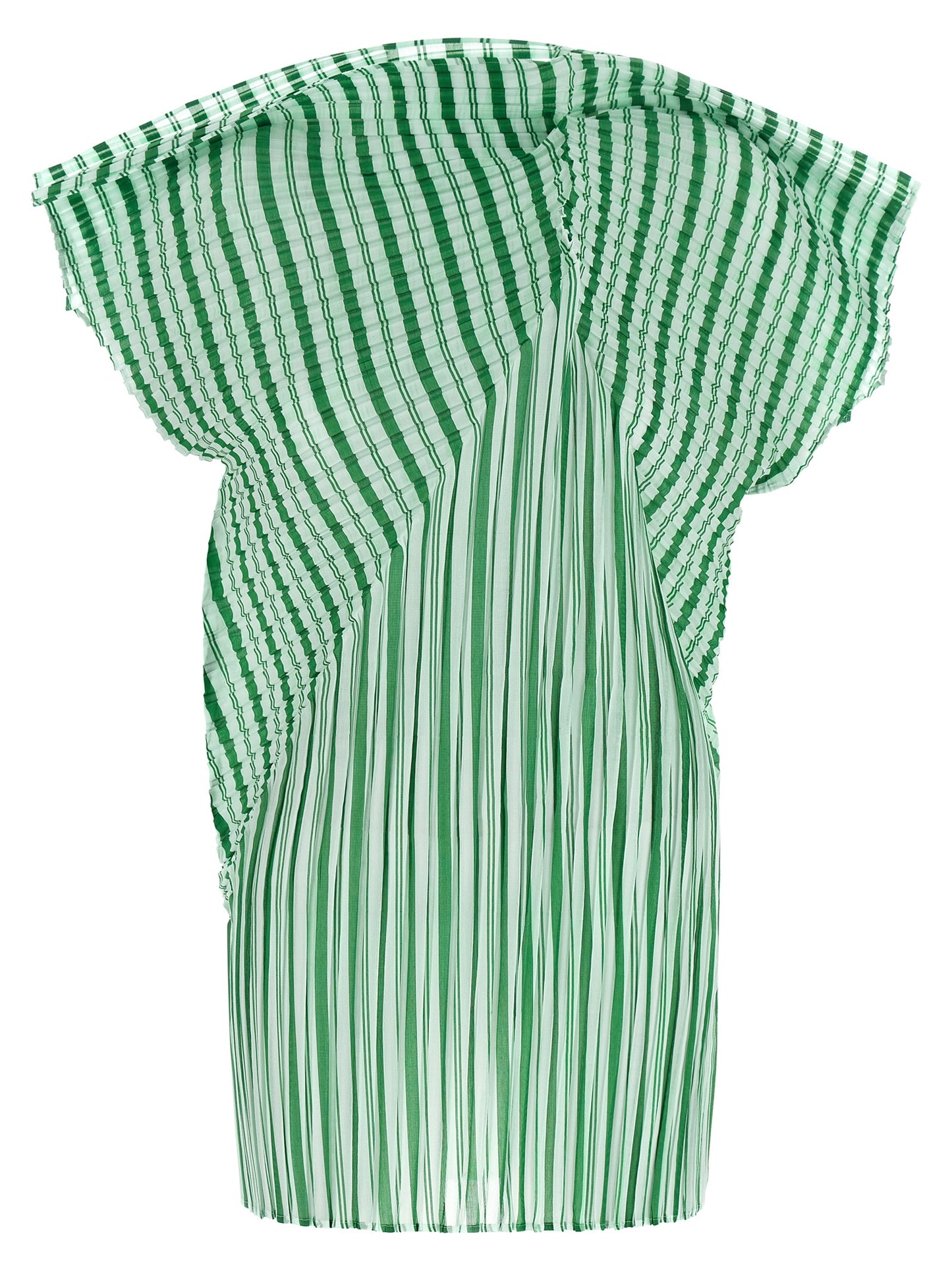 Shirt by Issey Miyake for women in polyester bicolour, green, transparent, patterned & striped presents a discerning silhouette, showcasing a sophisticated high-neck neckline and short-sleeve for a truly discerning finish.