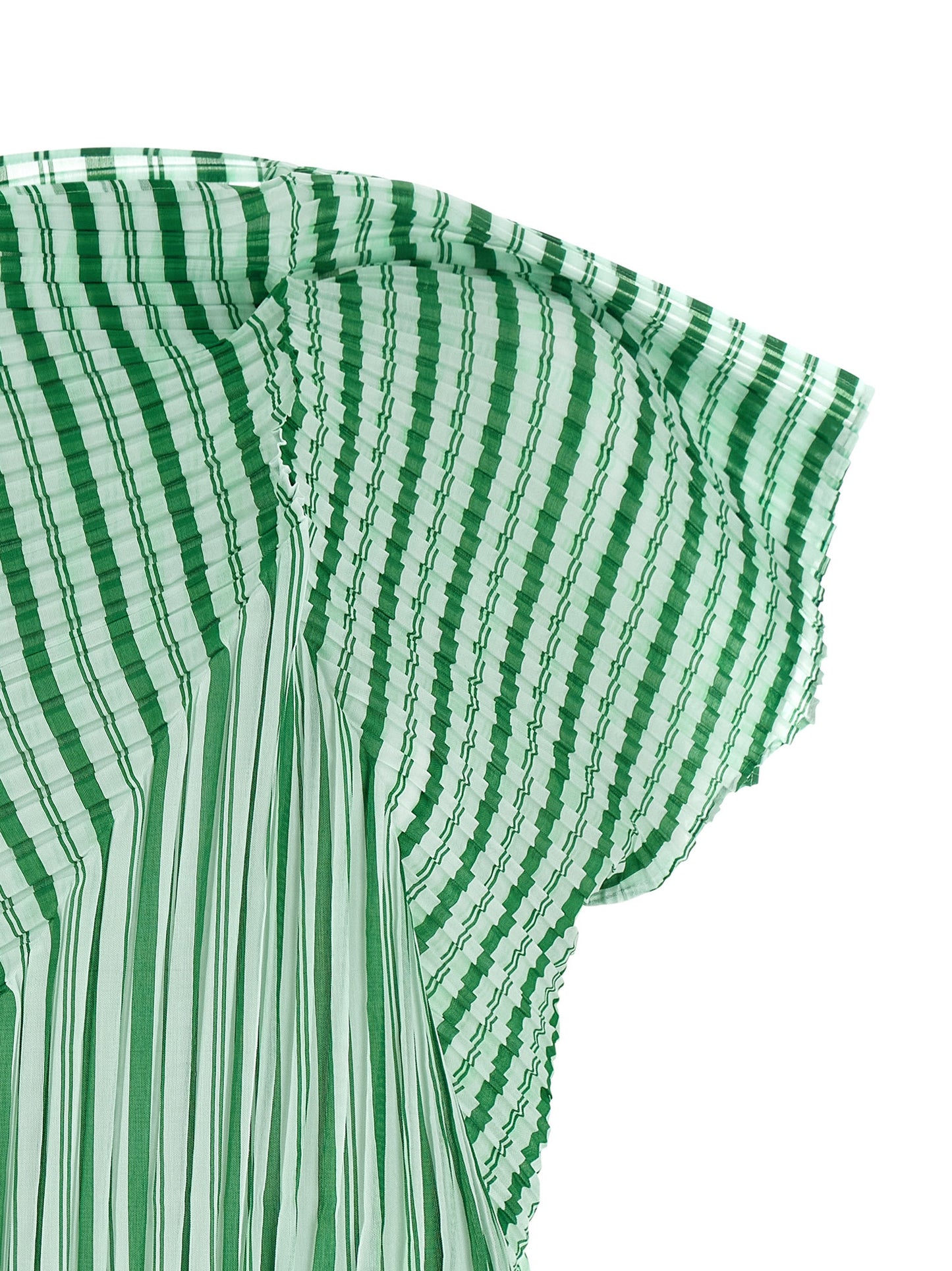 Shirt by Issey Miyake for women in polyester bicolour, green, transparent, patterned & striped features an architectural silhouette with a refined and elegant high-neck neckline for a architectural look.