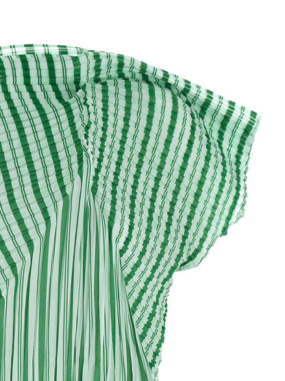 Shirt by Issey Miyake for women in polyester bicolour, green, transparent, patterned & striped features an architectural silhouette with a refined and elegant high-neck neckline for a architectural look.