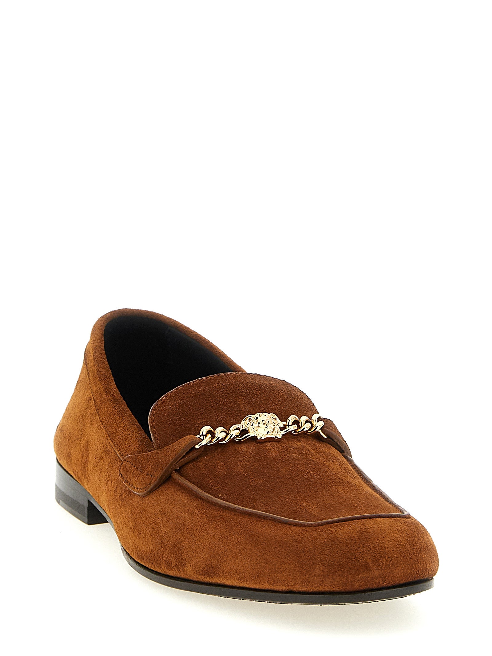Flat Loafer Slip-On Slippers Shoes by Versace for women in suede calfskin leather brown showcases a resplendent Medusa Women's Suede Calfskin Leather Flat Loafer Slip-On Slippers Shoes aesthetic, defined by its resplendent and elegant flat.