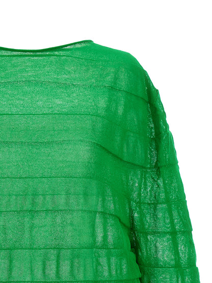 Sweatshirt by Issey Miyake for women in cotton polyester bicolour & green showcases a slouchy chic silhouette, artfully detailed with a slouchy chic round neckline and for a slouchy chic finish.
