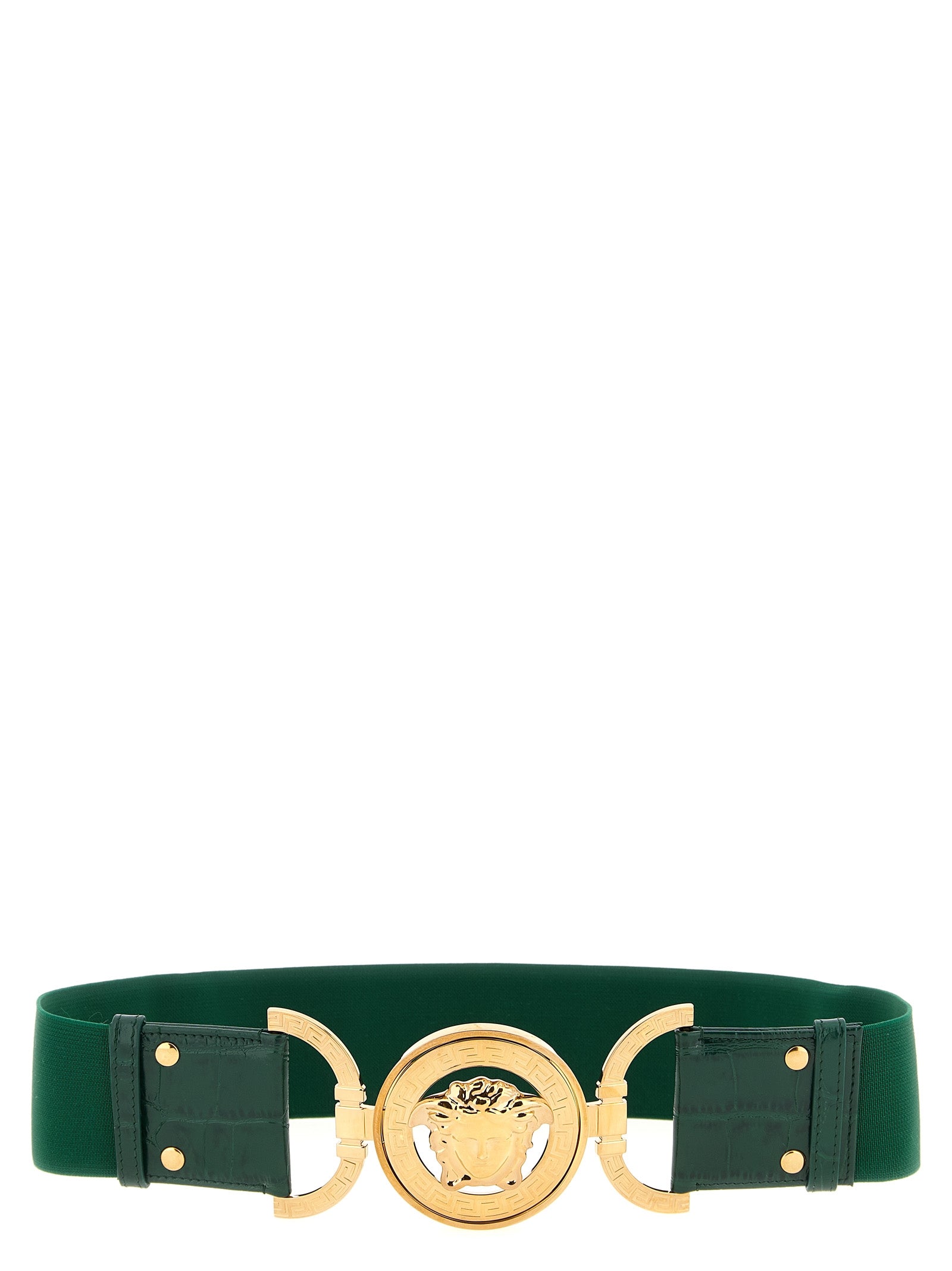 Belt by Versace for women in calfskin leather bicolour, green & signature features a bohemian chic silhouette, showcasing the bohemian chic Medusa Calfskin Leather Belt design with a sophisticated bohemian chic finish.