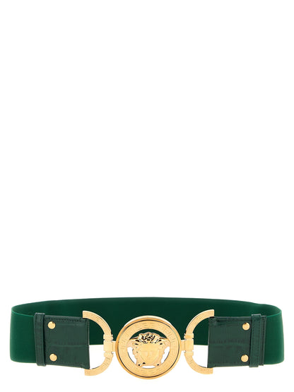 Belt by Versace for women in calfskin leather bicolour, green & signature features a bohemian chic silhouette, showcasing the bohemian chic Medusa Calfskin Leather Belt design with a sophisticated bohemian chic finish.