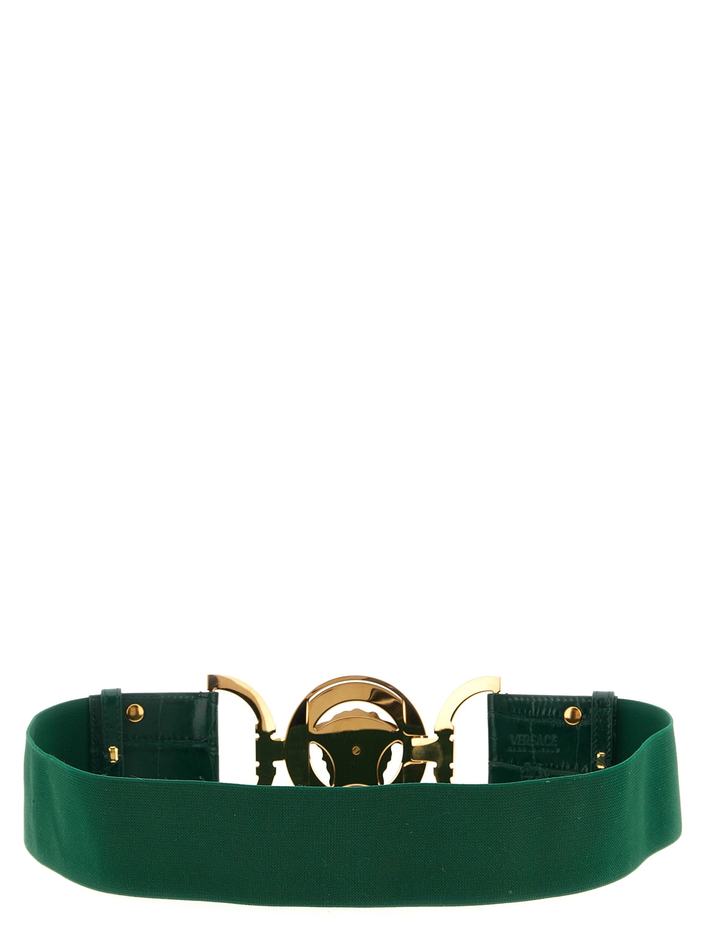 Belt by Versace for women in calfskin leather bicolour, green & signature features a artisanal-chic design, artfully capturing the essence of the Medusa Calfskin Leather Belt with a artisanal-chic finish.
