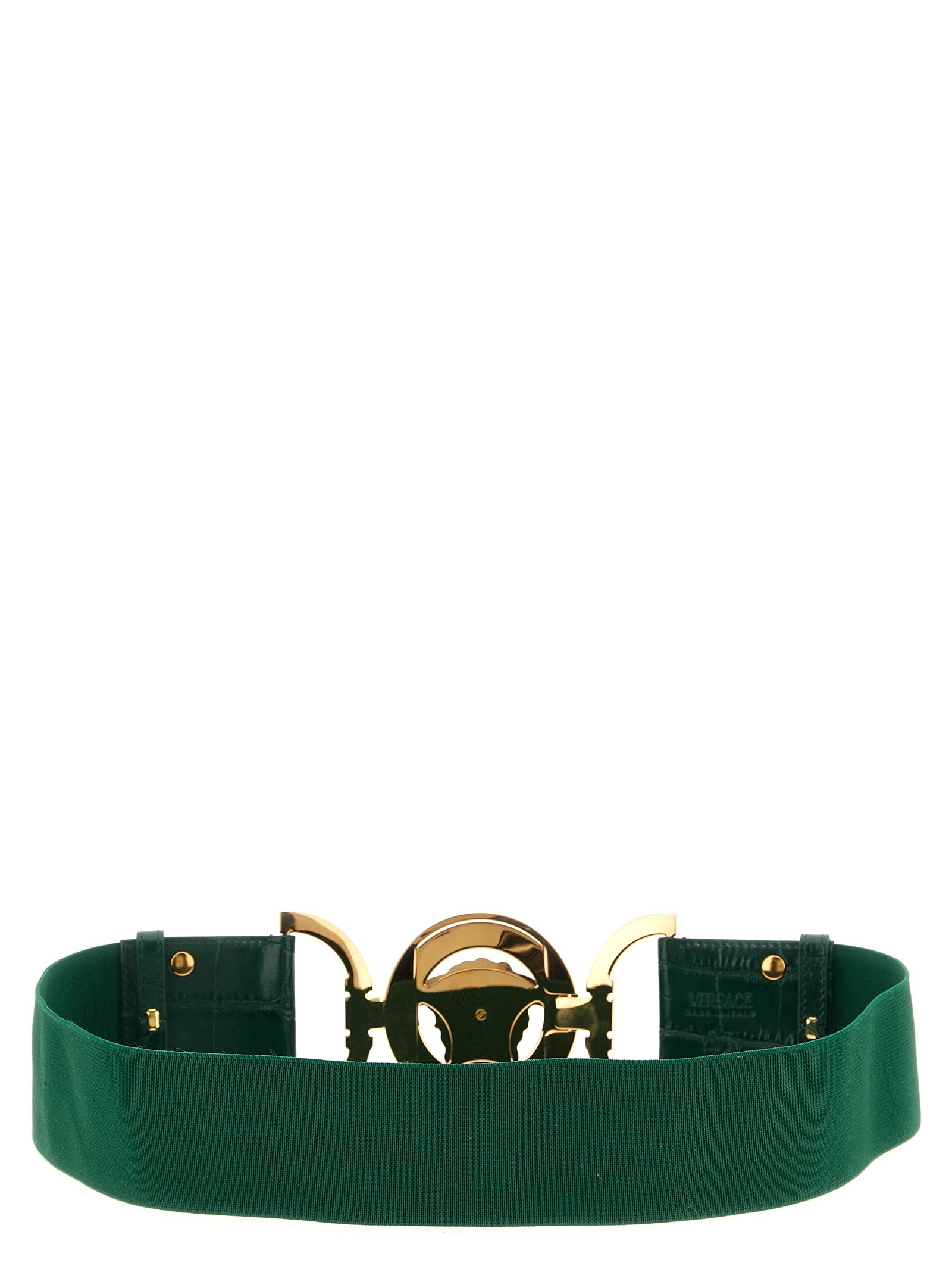 Belt by Versace for women in calfskin leather bicolour, green & signature features a artisanal-chic design, artfully capturing the essence of the Medusa Calfskin Leather Belt with a artisanal-chic finish.
