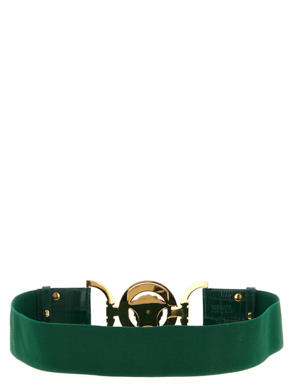 Belt by Versace for women in calfskin leather bicolour, green & signature features a artisanal-chic design, artfully capturing the essence of the Medusa Calfskin Leather Belt with a artisanal-chic finish.