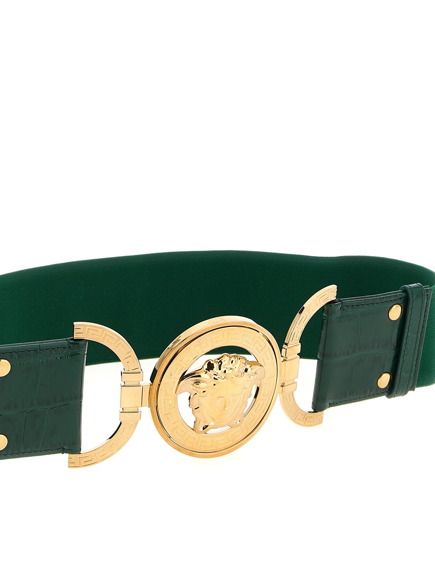 Belt by Versace for women in calfskin leather bicolour, green & signature features an distinguished design, perfectly showcasing the sophisticated craftsmanship of this distinguished Medusa Calfskin Leather Belt.