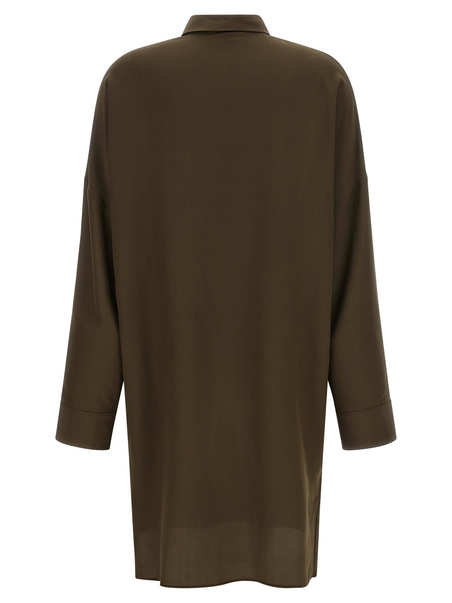 Dress by Tom Ford for women in silk & leather bicolour & green showcases a striking silhouette, elegantly detailed with a , refined shirt-collar neckline, and a striking midi for a striking finish.