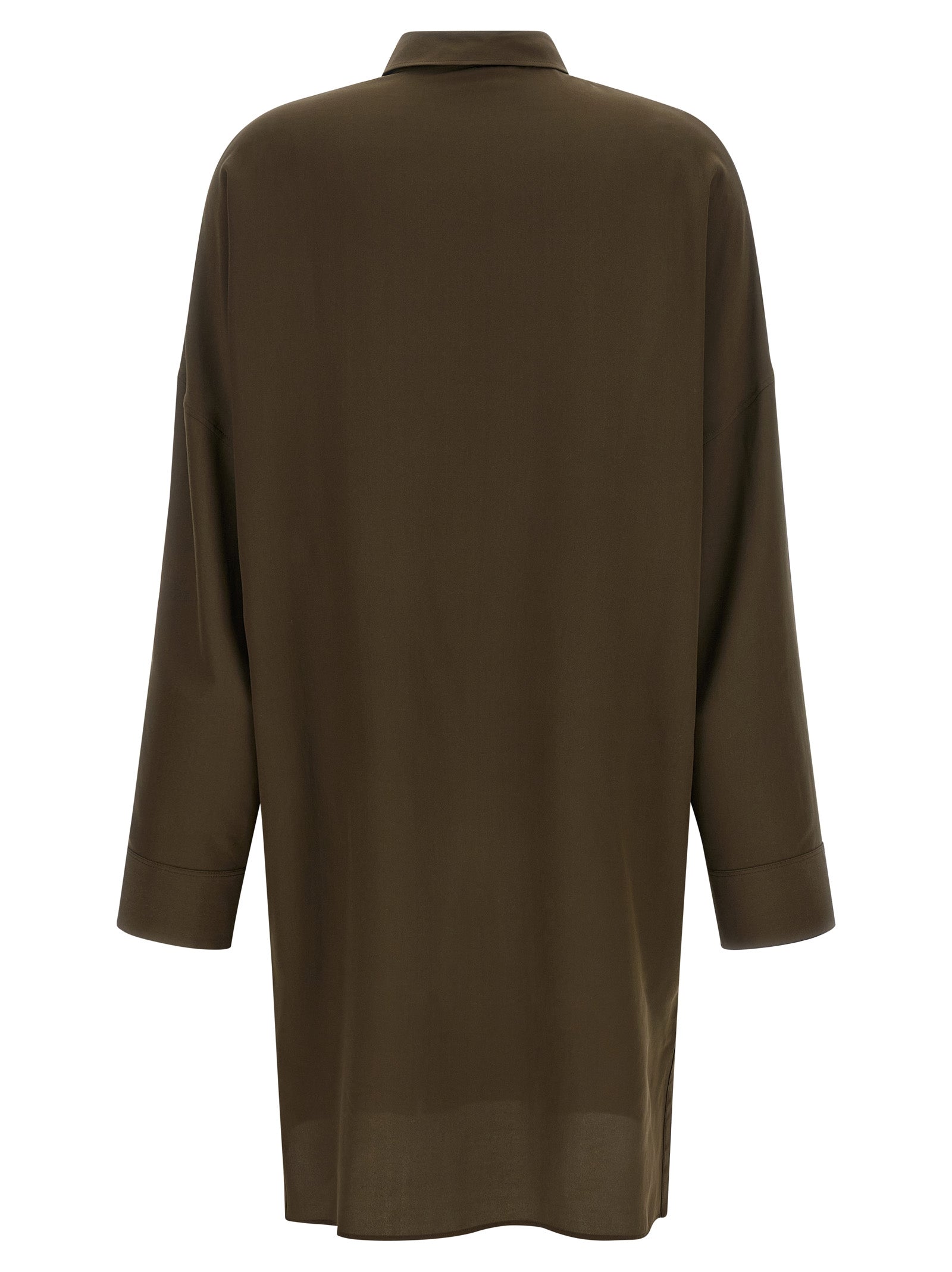 Dress by Tom Ford for women in silk & leather bicolour & green showcases a striking silhouette, elegantly detailed with a , refined shirt-collar neckline, and a striking midi for a striking finish.
