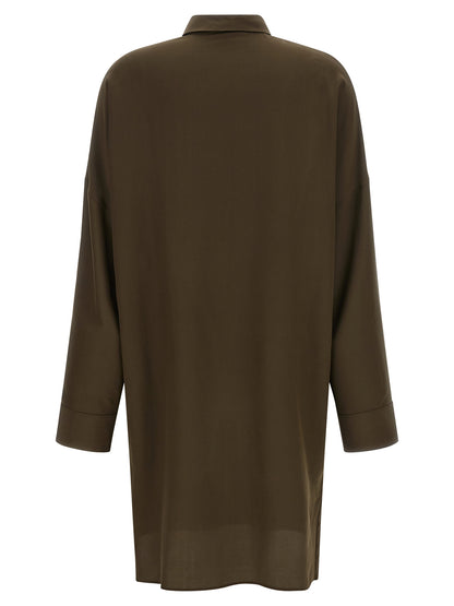 Dress by Tom Ford for women in silk & leather bicolour & green showcases a striking silhouette, elegantly detailed with a , refined shirt-collar neckline, and a striking midi for a striking finish.