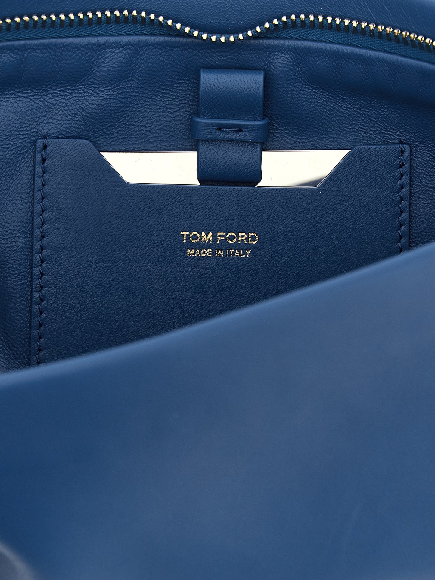 Clutch Handbag by Tom Ford for women in lamb leather blue features a statuesque silhouette, showcasing a secure zipper and organized with versatile for statuesque evening wear.