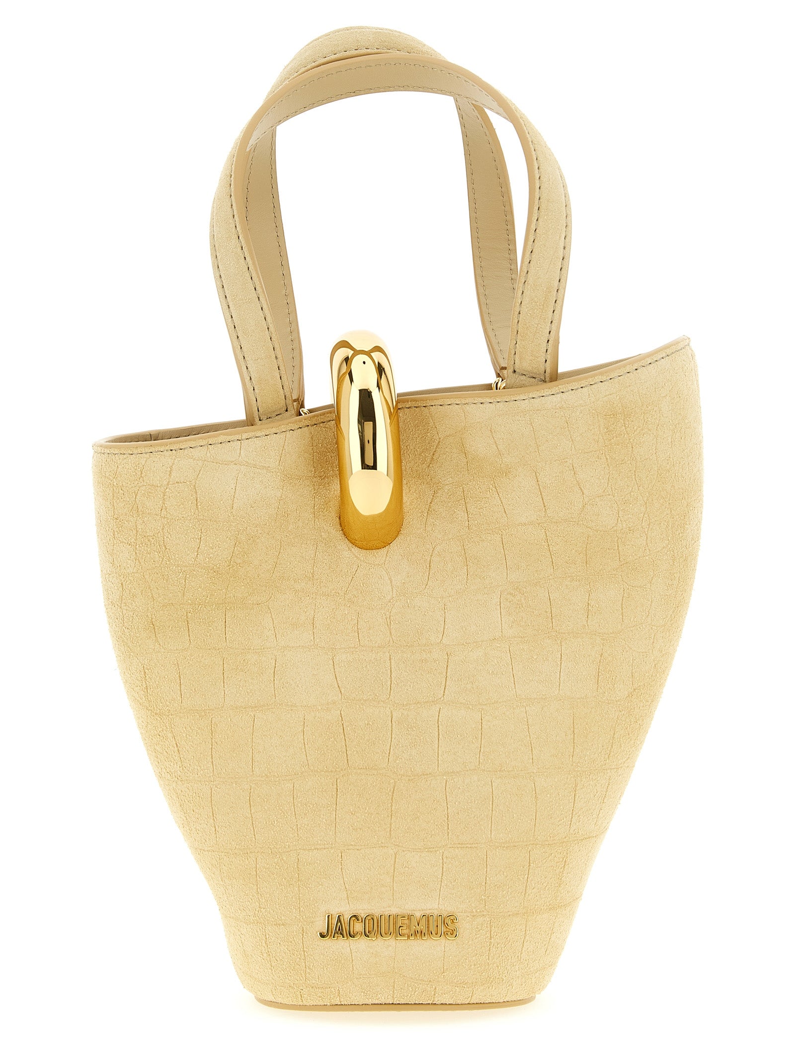Mini Bucket Handbag by Jacquemus for women in crocodile calfskin suede leather beige features a signature silhouette, showcasing a secure magnetic and signature with versatile shoulder-strap & handle for a sophisticated look.
