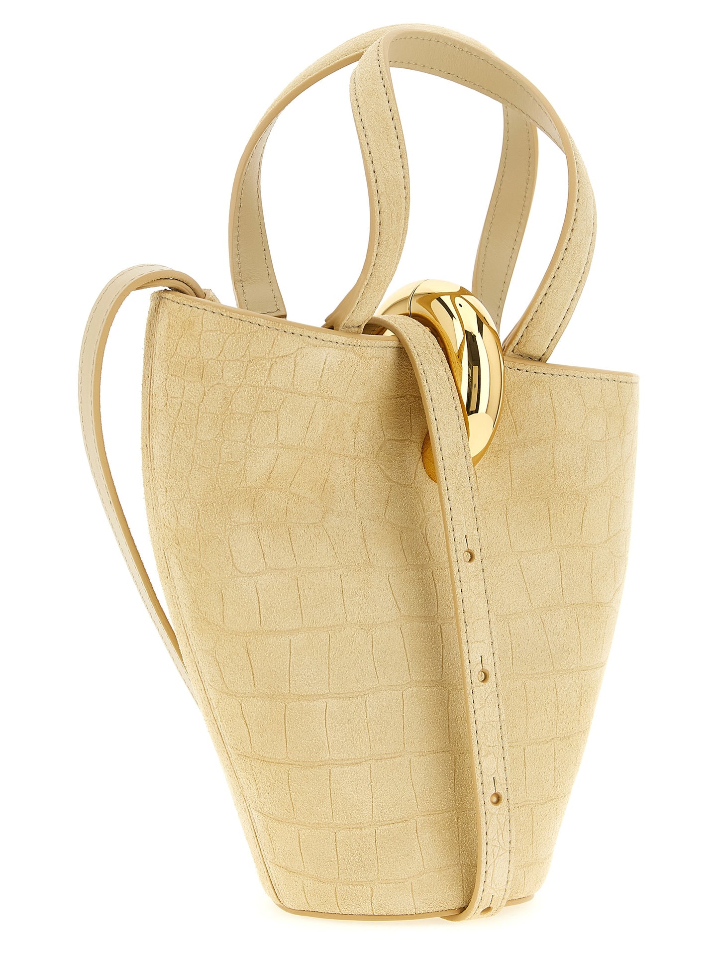 Mini Bucket Handbag by Jacquemus for women in crocodile calfskin suede leather beige features an refined silhouette, showcasing a secure magnetic, ample , and versatile shoulder-strap & handle for a sophisticated refined aesthetic.