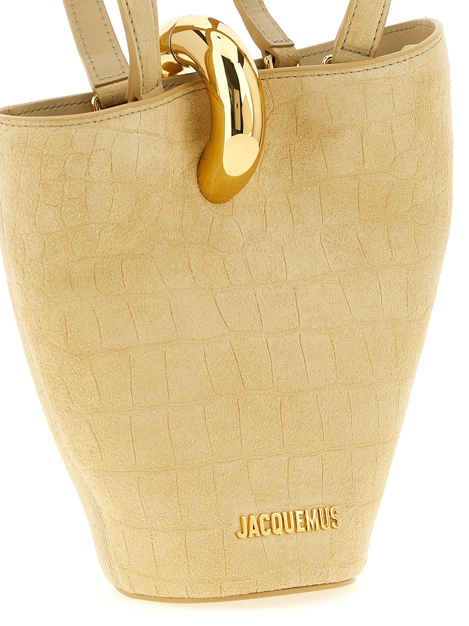 Mini Bucket Handbag by Jacquemus for women in crocodile calfskin suede leather beige features a contemporary silhouette, showcasing a secure magnetic, ample , and contemporary shoulder-strap & handle for a sophisticated look.