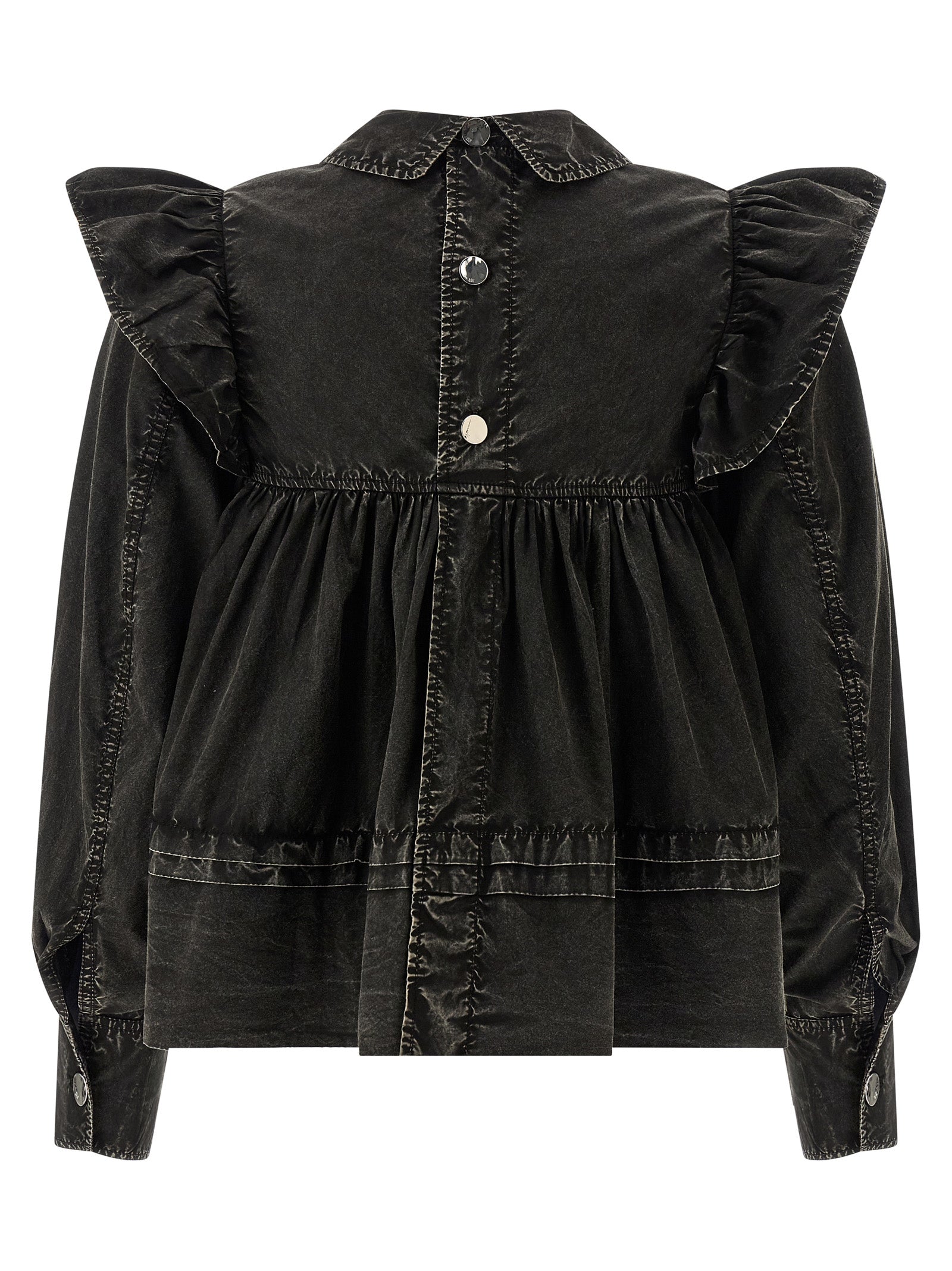 Blouse by Ganni for women in organic cotton black showcases a sleek silhouette, elegantly detailed with a sleek and for a sleek finish.