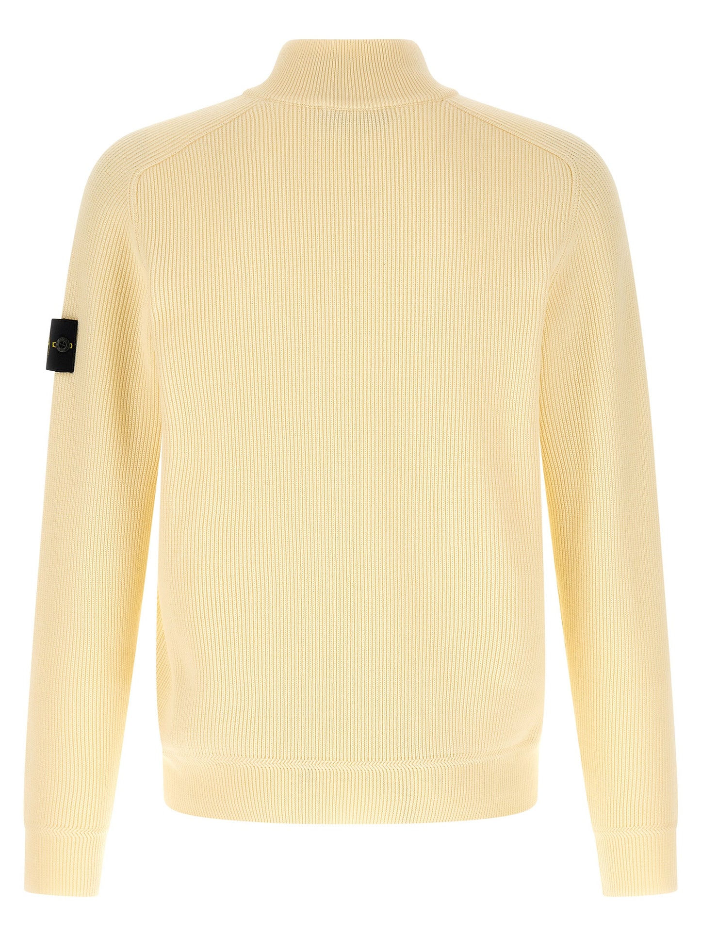 Cardigan by Stone Island for men in organic cotton beige features a dramatic silhouette, showcasing a sophisticated high-neck neckline and dramatic detail for a timeless, premium look.