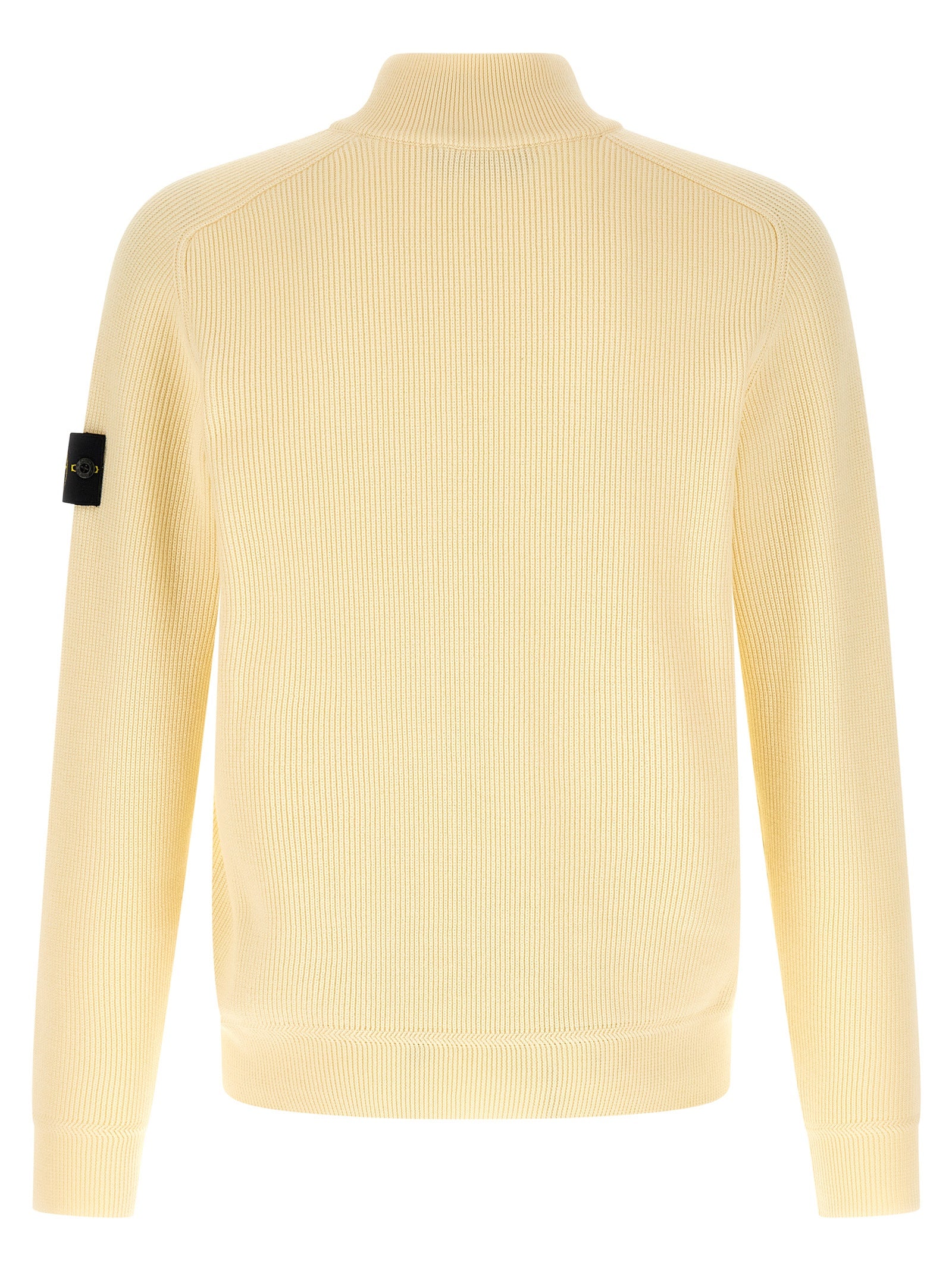 Cardigan by Stone Island for men in organic cotton beige features a dramatic silhouette, showcasing a sophisticated high-neck neckline and dramatic detail for a timeless, premium look.