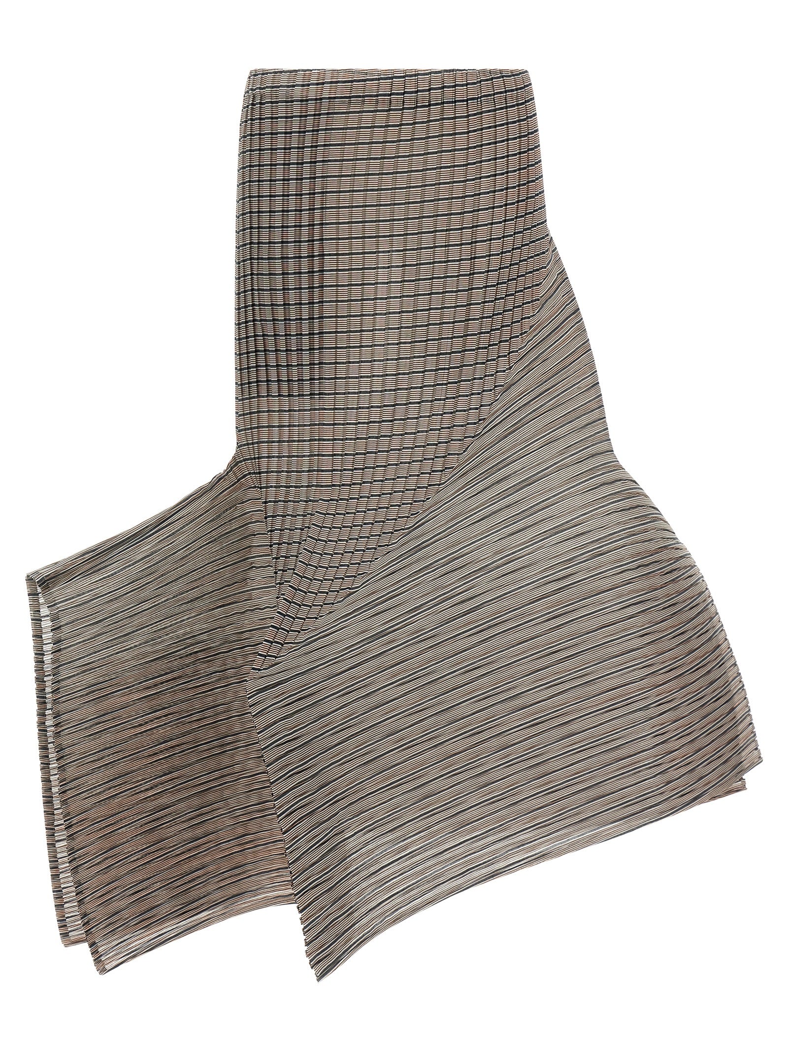Skirt by Issey Miyake for women in polyester brown, transparent & striped showcases a sultry silhouette, elegantly defined by its mini and the sophisticated sultry design of the Women's Pleated Asymmetrical Polyester Skirt.