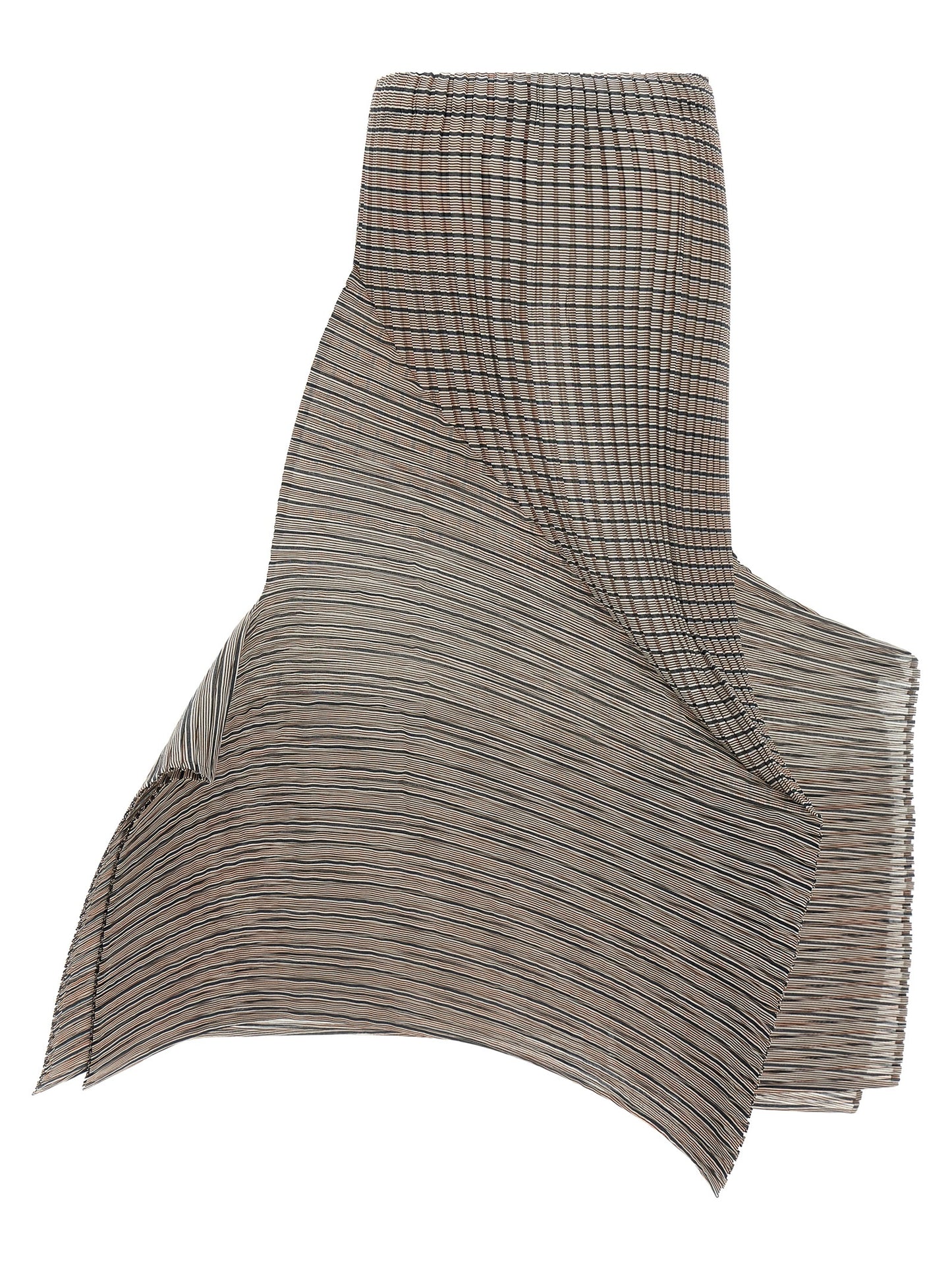 Skirt by Issey Miyake for women in polyester brown, transparent & striped features a sublime silhouette, showcasing the sublime design of the Women's Pleated Asymmetrical Polyester Skirt in a sophisticated mini.