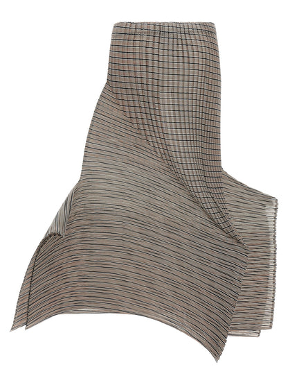 Skirt by Issey Miyake for women in polyester brown, transparent & striped features a sublime silhouette, showcasing the sublime design of the Women's Pleated Asymmetrical Polyester Skirt in a sophisticated mini.