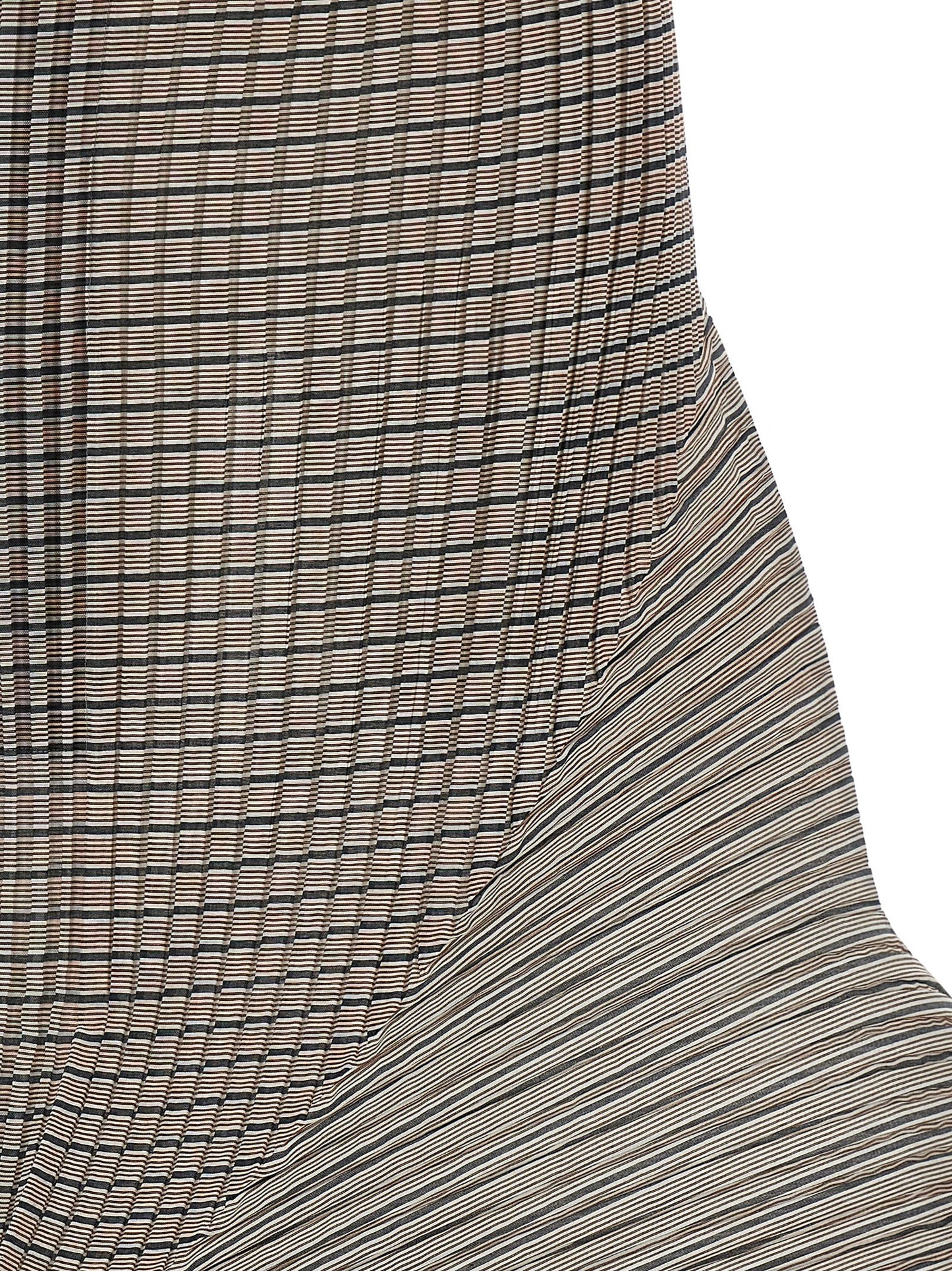 Skirt by Issey Miyake for women in polyester brown, transparent & striped features an tailored silhouette, artfully capturing the essence of Women's Pleated Asymmetrical Polyester Skirt in a sophisticated mini.