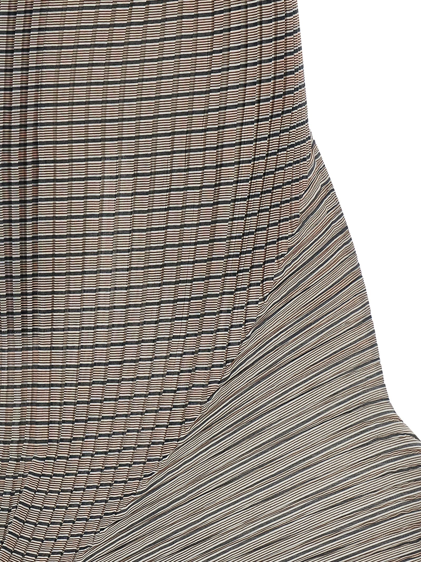 Skirt by Issey Miyake for women in polyester brown, transparent & striped features an tailored silhouette, artfully capturing the essence of Women's Pleated Asymmetrical Polyester Skirt in a sophisticated mini.
