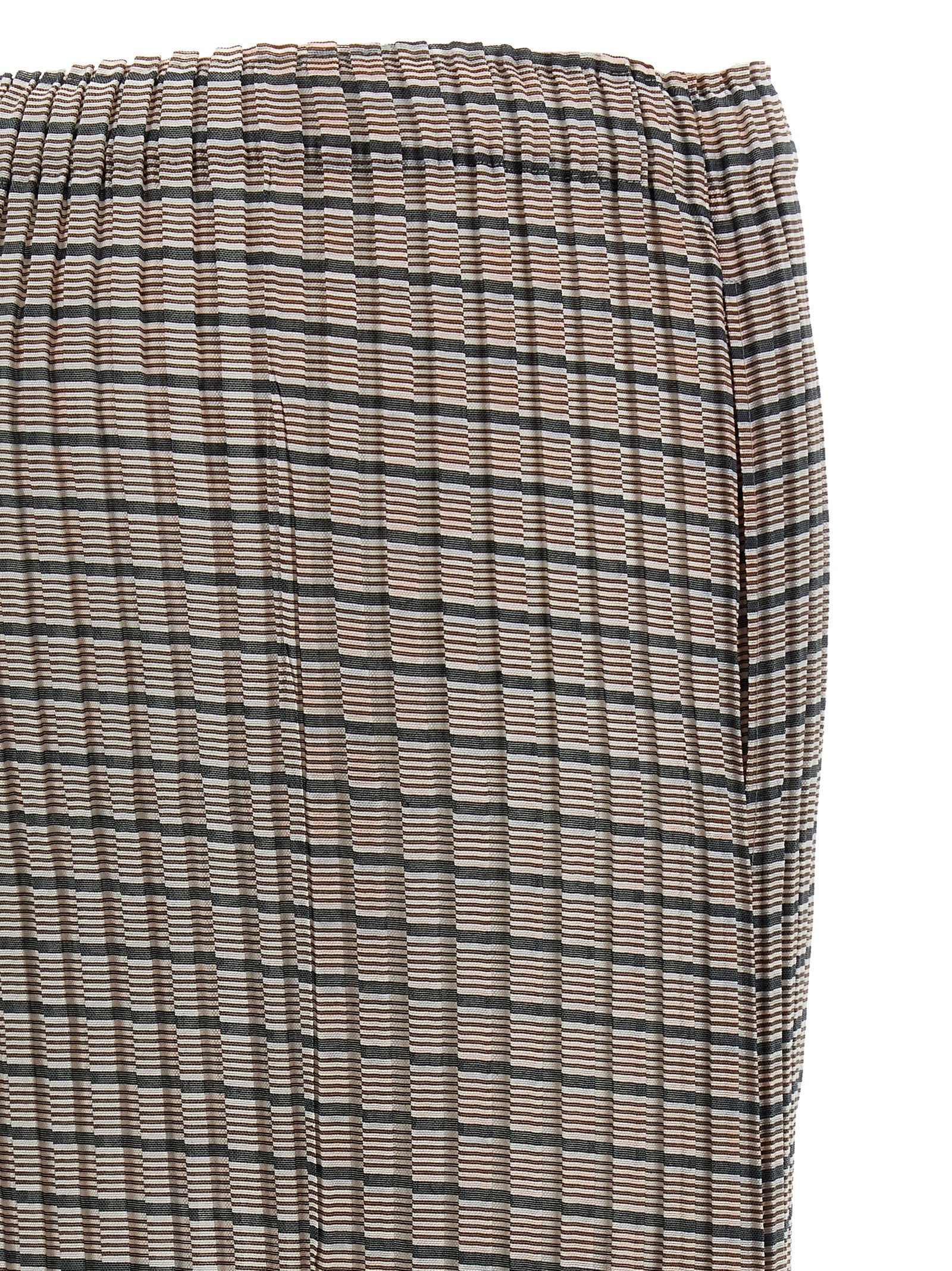 Skirt by Issey Miyake for women in polyester brown, transparent & striped features a contoured silhouette from the Women's Pleated Asymmetrical Polyester Skirt collection, characterized by its contoured mini for a contoured finish.