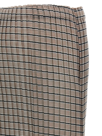 Skirt by Issey Miyake for women in polyester brown, transparent & striped features a contoured silhouette from the Women's Pleated Asymmetrical Polyester Skirt collection, characterized by its contoured mini for a contoured finish.