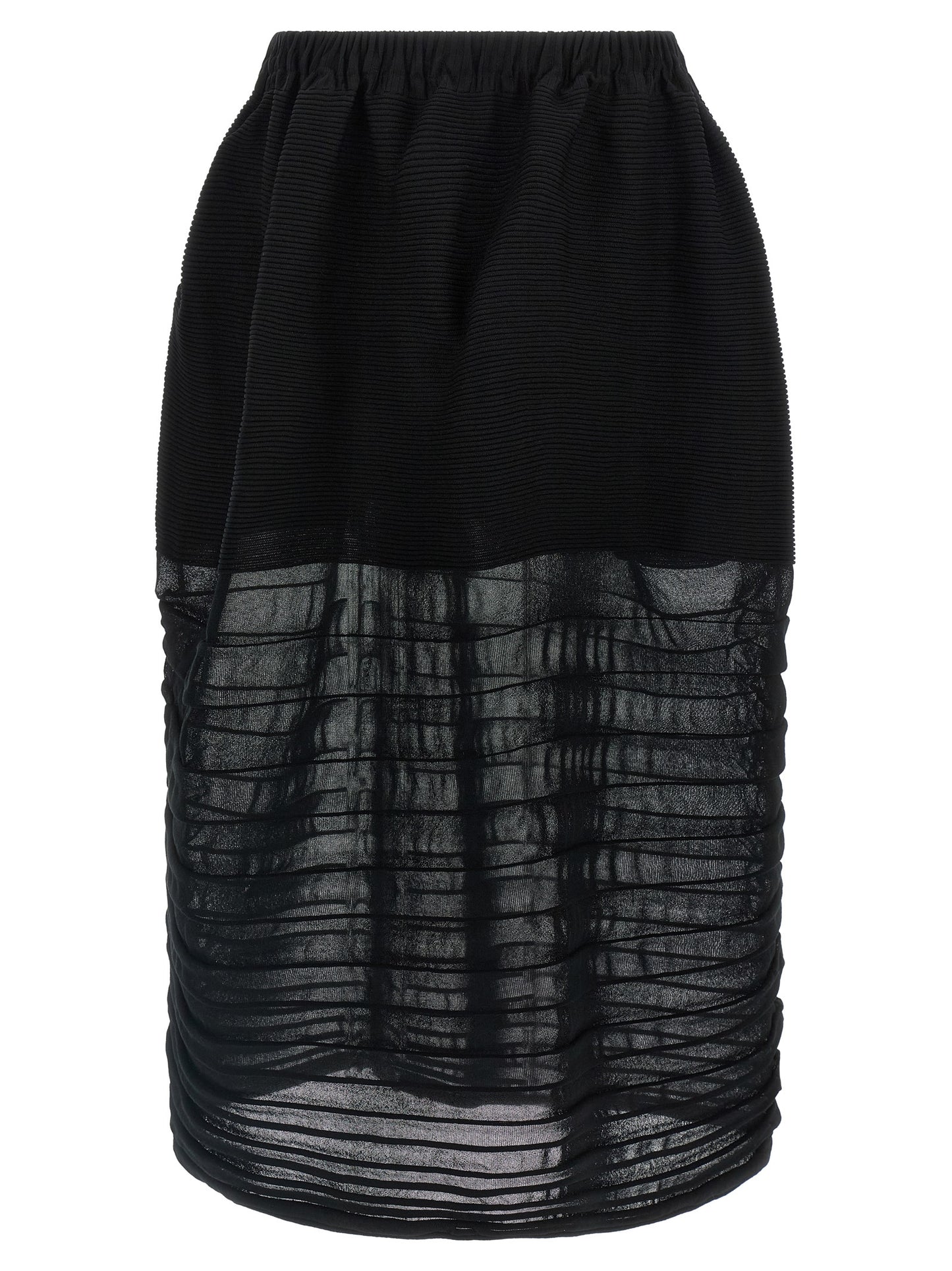 Skirt by Issey Miyake for women in polyester cotton & cupro black showcases a dramatic silhouette, artfully capturing the essence of the Women's Polyester Cotton & Cupro Skirt in a dramatic midi cut for a refined look.
