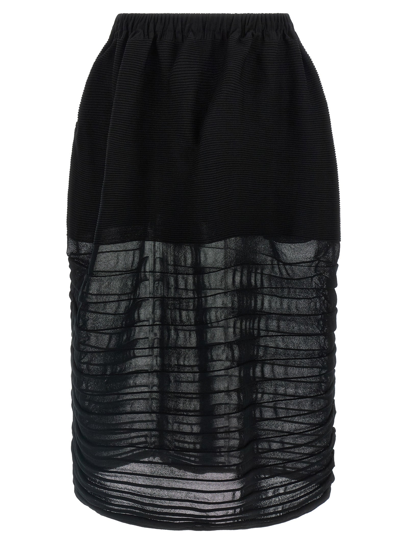 Skirt by Issey Miyake for women in polyester cotton & cupro black showcases a dramatic silhouette, artfully capturing the essence of the Women's Polyester Cotton & Cupro Skirt in a dramatic midi cut for a refined look.