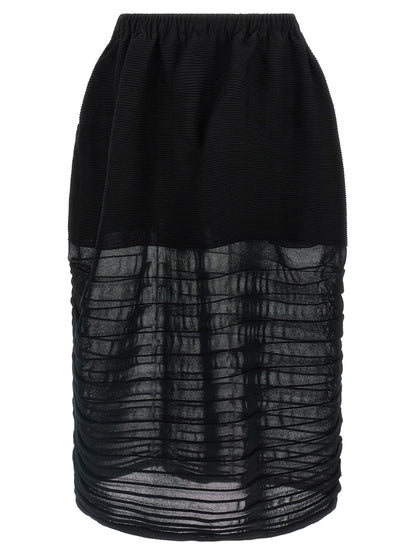 Skirt by Issey Miyake for women in polyester cotton & cupro black showcases a dramatic silhouette, artfully capturing the essence of the Women's Polyester Cotton & Cupro Skirt in a dramatic midi cut for a refined look.