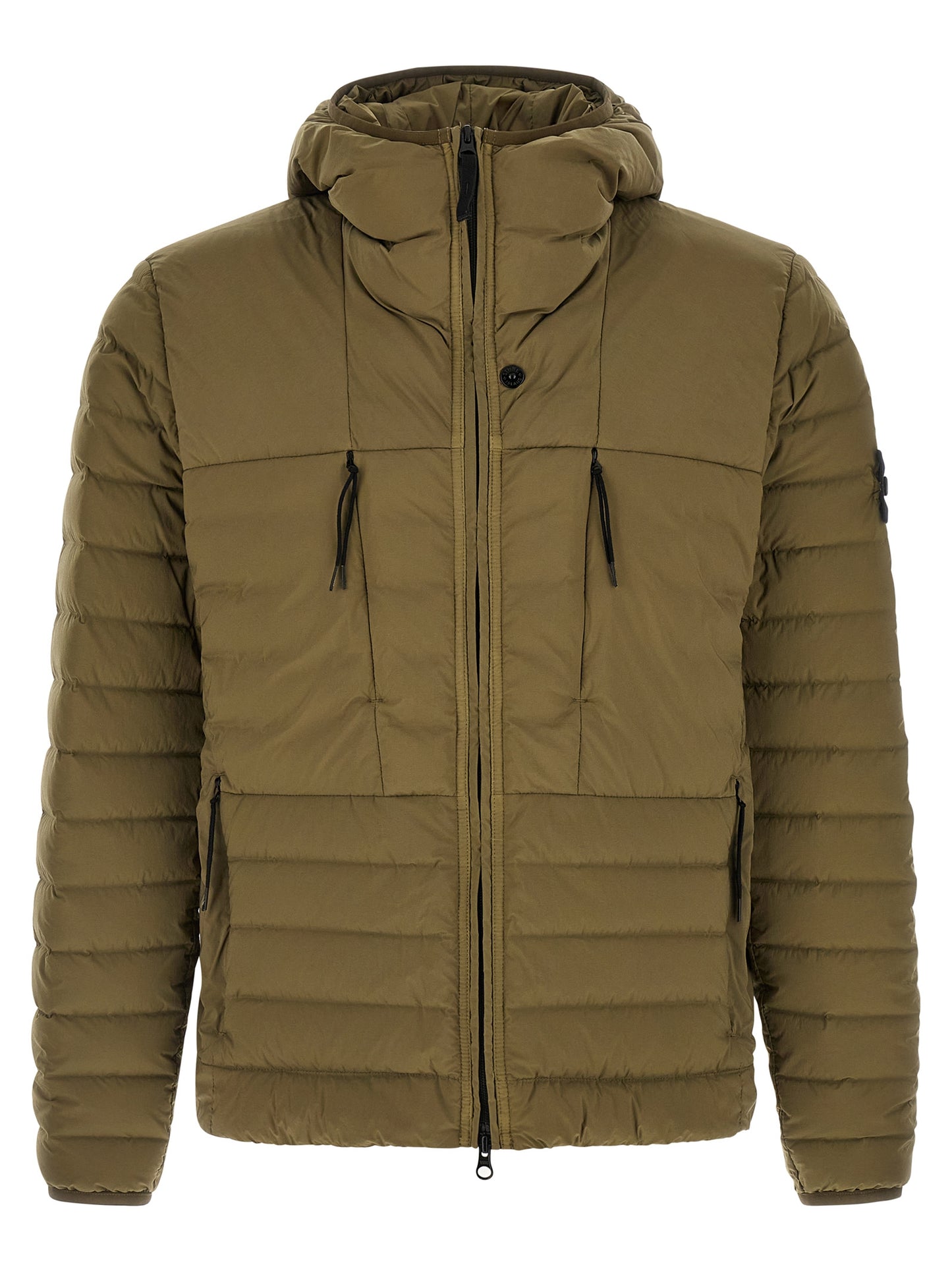 Hooded Puffer Jacket by Stone Island for men in polyamide & goose-down bicolour & green showcases a bohemian silhouette, artfully detailed with a bohemian hooded high-neck neckline and signature lightweight, pockets, hooded & insulated for a truly bohemian finish.