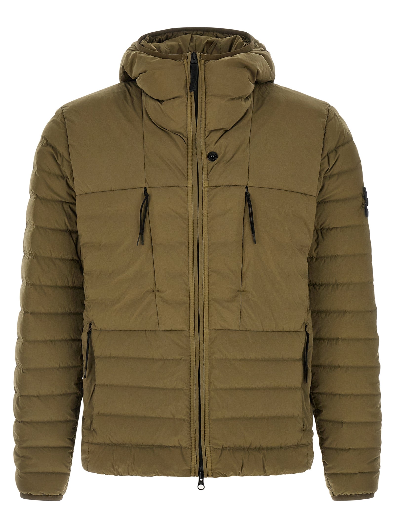 Hooded Puffer Jacket by Stone Island for men in polyamide & goose-down bicolour & green showcases a bohemian silhouette, artfully detailed with a bohemian hooded high-neck neckline and signature lightweight, pockets, hooded & insulated for a truly bohemian finish.