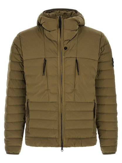 Hooded Puffer Jacket by Stone Island for men in polyamide & goose-down bicolour & green showcases a bohemian silhouette, artfully detailed with a bohemian hooded high-neck neckline and signature lightweight, pockets, hooded & insulated for a truly bohemian finish.