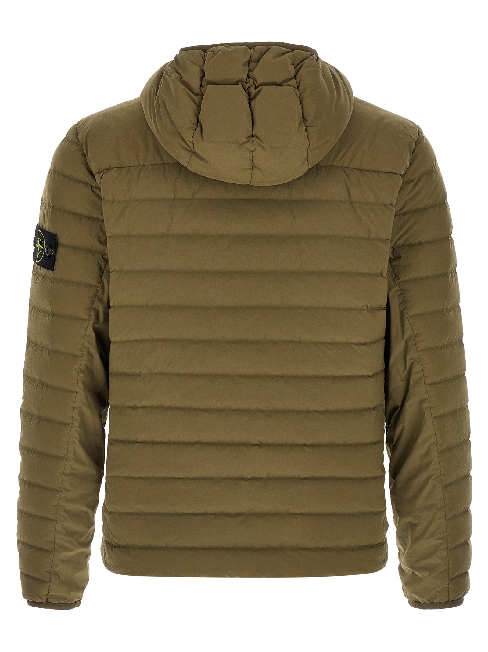 Hooded Puffer Jacket by Stone Island for men in polyamide & goose-down bicolour & green features a city-ready silhouette, detailed with lightweight, pockets, hooded & insulated and a city-ready hooded high-neck neckline.