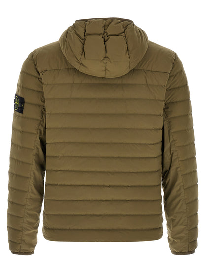Hooded Puffer Jacket by Stone Island for men in polyamide & goose-down bicolour & green features a city-ready silhouette, detailed with lightweight, pockets, hooded & insulated and a city-ready hooded high-neck neckline.